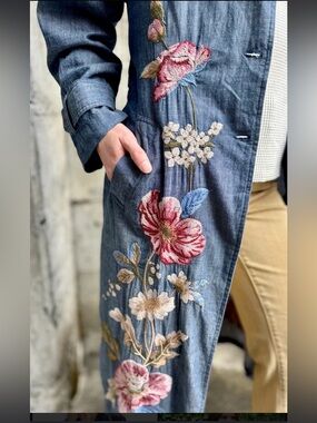 Johnny Was Blue Chambray Denim Dress-Trench Coat with Multicolor Floral Embroide